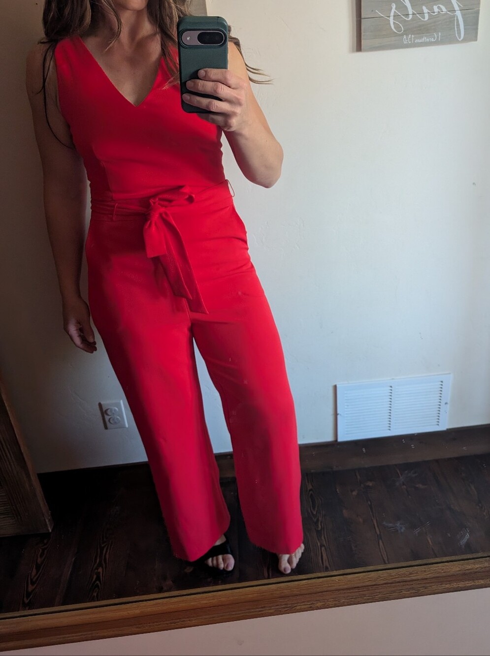 V-Neck Red Wide-Leg Jumpsuit with Tie Waist